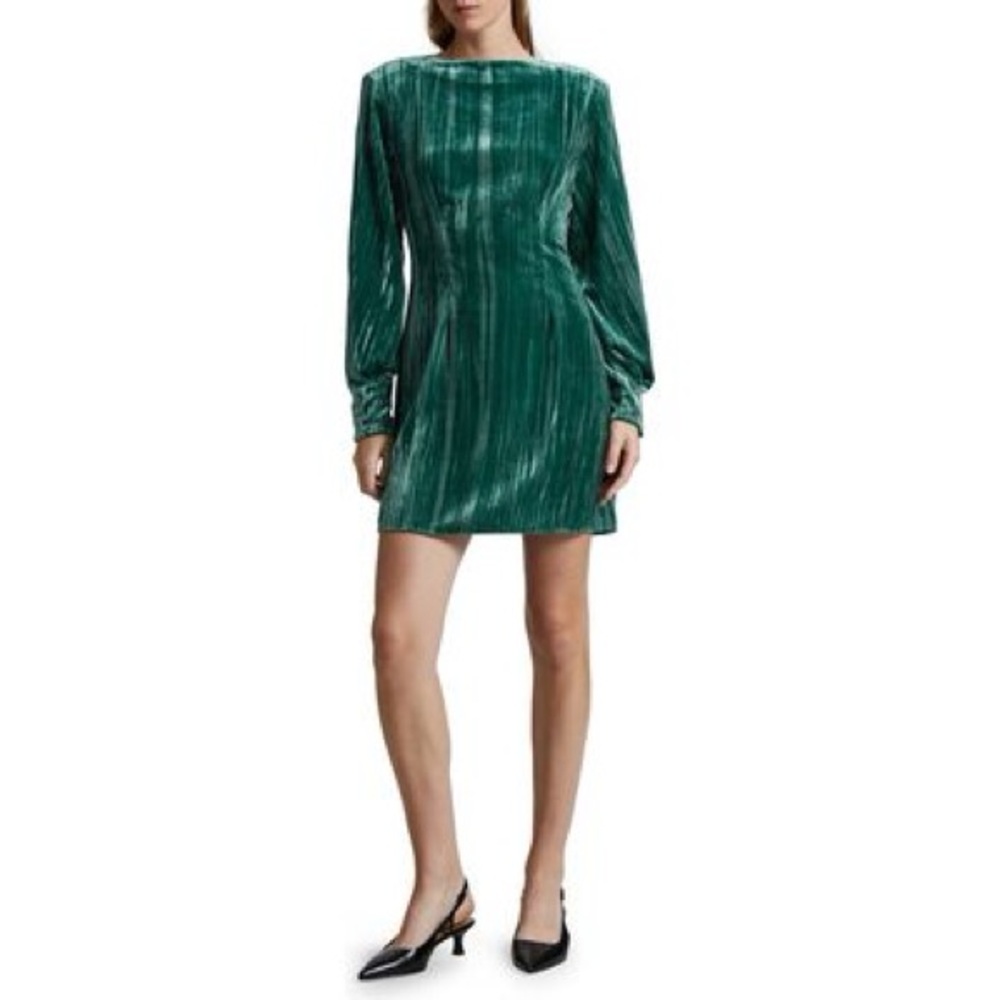 & Other Stories Long Sleeve Crushed Velvet Structured Mini Dress in dark green